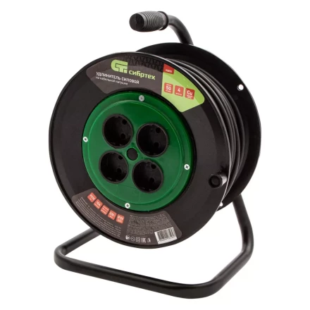 Удлинитель силовой 50 м Сибртех 95855, 10А, тип УХ10, ПВС, на кабельной катушке, 4 розетки без заземления купить в Сургуте