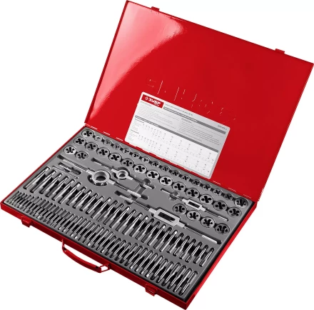 Набор ЗУБР &quot;ЭКСПЕРТ&quot; с метал.реж. инстр.,метчики однопроход. для глух. и сквоз. отв.,плашки,оснаст.-в мет. бокс 110пред. 28119-H110 купить в Сургуте