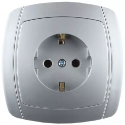 Розетка СВЕТОЗАР &quot;АКЦЕНТ&quot; одинарная в сборе, с заземлением, цвет серебристый металлик, 16А/~250В SV-54205-SM