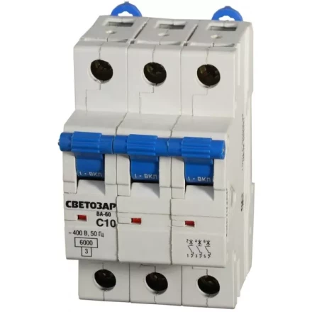 Выключатель автоматический СВЕТОЗАР 3-полюсный, 10 A, &quot;C&quot;, откл. сп. 6 кА, 400 В SV-49063-10-C купить в Сургуте