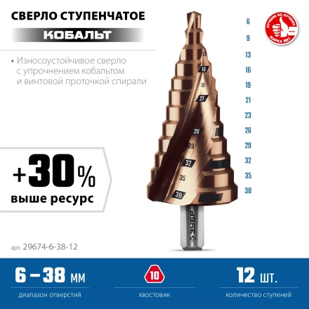 ЗУБР КОБАЛЬТ 6-38мм, 12 ступеней, винтовая проточка, сверло ступенчатое, ПРОФЕССИОНАЛ (29674-6-38-12) купить в Сургуте