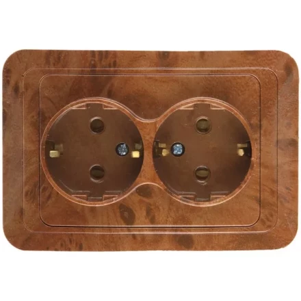 Розетка СВЕТОЗАР &quot;ГАММА&quot; с заземлением, двойная, цвет орех, 16А/~250В SV-54107-N купить в Сургуте