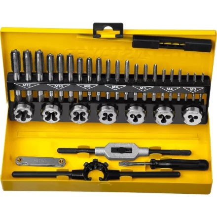 Набор метчиков и плашек STAYER &quot;MASTER&quot;, плашки 7шт, метчики компл. 21шт, метчикодерж. 1шт, плашкодерж. 1шт, резьбомер 1шт, отвертка 1шт, 32 предмета 28014-H32 купить в Сургуте