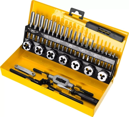 Набор метчиков и плашек STAYER &quot;MASTER&quot;, плашки 7шт, метчики компл. 21шт, метчикодерж. 1шт, плашкодерж. 1шт, резьбомер 1шт, отвертка 1шт, 32 предмета 28014-H32 купить в Сургуте