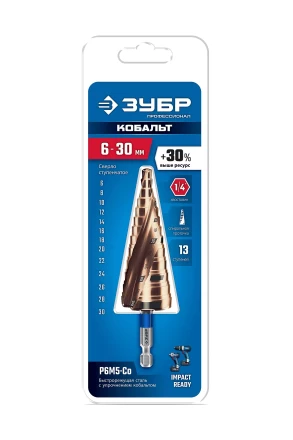 ЗУБР КОБАЛЬТ 6-30мм, 13 ступеней, винтовая проточка, сверло ступенчатое, ПРОФЕССИОНАЛ (29674-6-30-13) купить в Сургуте