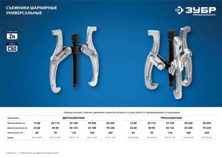 ЗУБР внешний d 30 - 200 мм, внутренний d 35 - 200 мм, шарнирный трехзахватный съемник, Профессионал (43318-160) купить в Сургуте