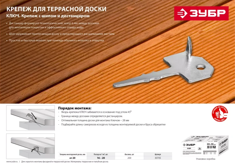 Крепеж Ключ с шипом для террасной доски серия МАСТЕР купить в Сургуте