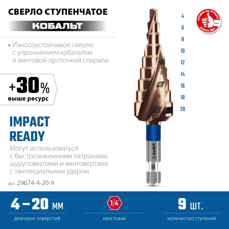 ЗУБР КОБАЛЬТ 4-20мм, 9 ступеней, винтовая проточка, сверло ступенчатое, серия Профессионал(29674-4-20-9) купить в Сургуте