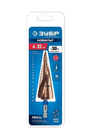 ЗУБР КОБАЛЬТ 4-32мм, 15 ступеней, винтовая проточка, сверло ступенчатое, ПРОФЕССИОНАЛ (29674-4-32-15) купить в Сургуте