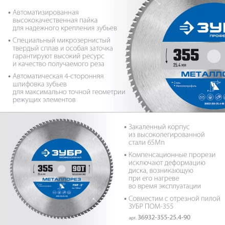 ЗУБР Металлорез, 355 х 25.4 мм, 90Т, пильный диск по металлу и металлопрофилю, Профессионал (36932-355-25.4-90) купить в Сургуте