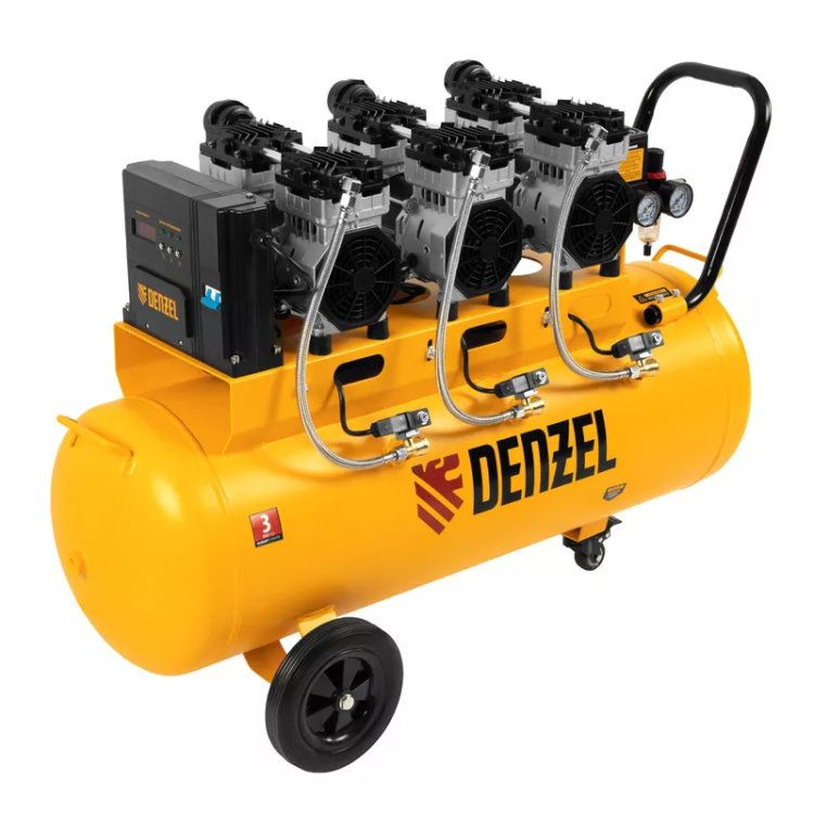Компрессор безмасляный, малошумный  DLS 2250/100, 2250 Вт, 3x750, 100 л, 410 л/мин блок управления/ Denzel 58029 купить в Сургуте