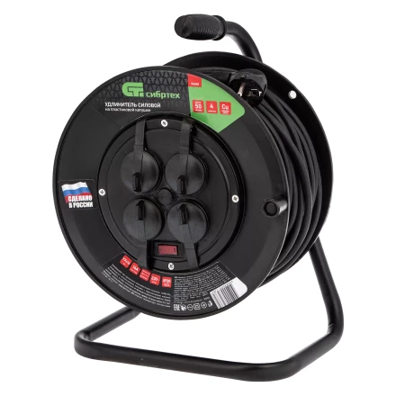 Удлинитель силовой на кабельной катушке, ПВС, 50 м, 4 розетки с крышкой, IP44, 16А, УХз16, Россия Сибртех 96048 купить в Сургуте