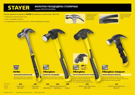 Молоток-гвоздодер &quot;Fiberglass&quot; с фиберглассовой рукояткой, 450 г, STAYER Professional 2026-450_z01 купить в Сургуте