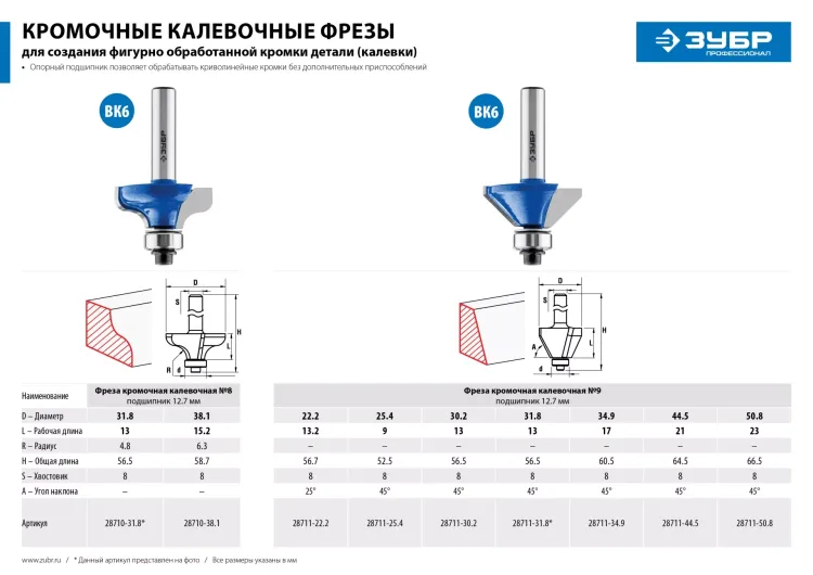 Фреза кромочная калевочная(фасочная) №9 с подшипником 127мм серия ПРОФЕССИОНАЛ купить в Сургуте