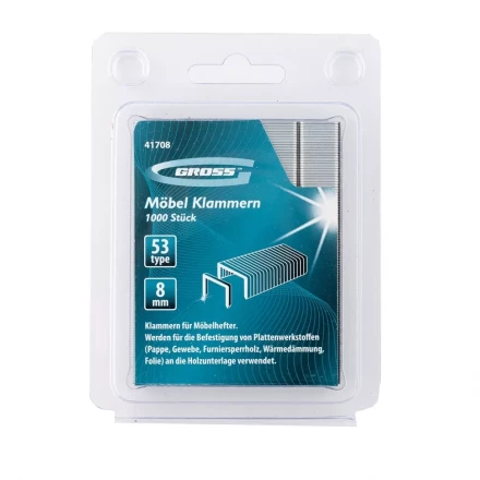 Скобы 8 мм для мебельного степлера усиленные тип 53 1000 шт GROSS 41708 купить в Сургуте