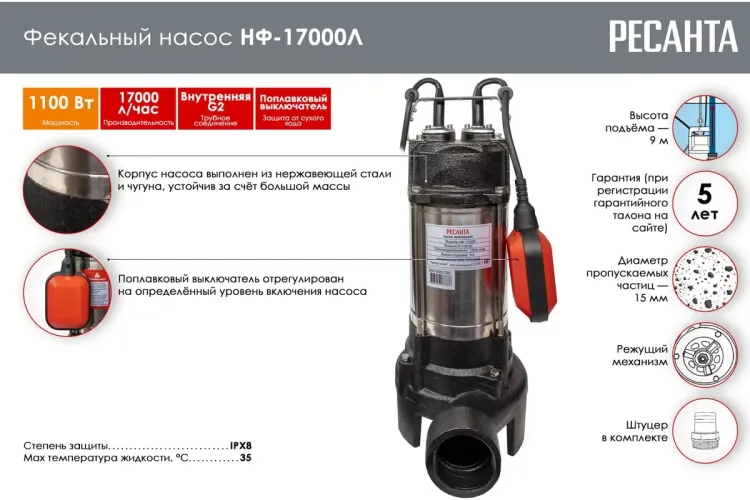 Фекальный насос Ресанта НФ-17000Л с измельчителем 77/5/3 купить в Сургуте