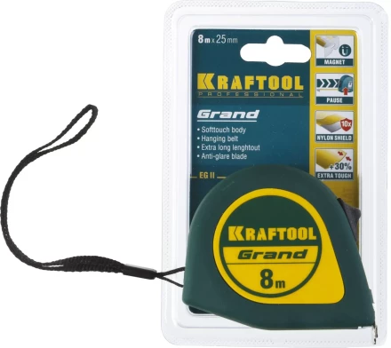 Рулетка KRAFTOOL GRAND, обрезиненный пластиковый корпус, 8м/25мм 34022-08-25 купить в Сургуте