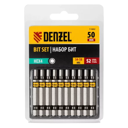 Бита HEX 4х50, сталь S2, шестигранный профиль, 10 шт. Е 6,3 Denzel 11662 купить в Сургуте