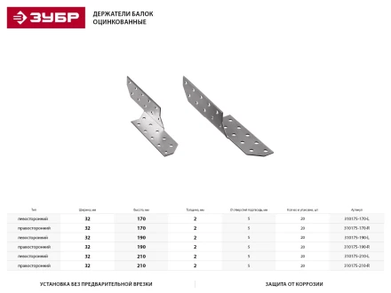 Держатель балки ЗУБР &quot;МАСТЕР&quot; левосторонний, 32х190мм, 20шт 310175-190-L купить в Сургуте