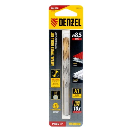 Сверло спиральное по металлу Denzel 8,5 x 117 мм, Р6М5, Golden Tip, 718240 купить в Сургуте