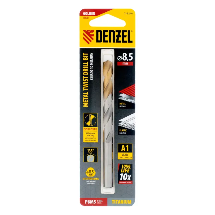 Сверло спиральное по металлу Denzel 8,5 x 117 мм, Р6М5, Golden Tip, 718240 купить в Сургуте