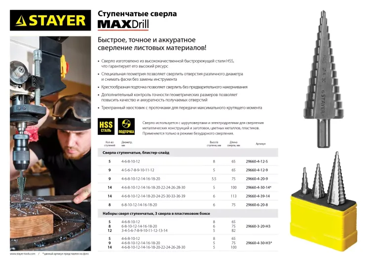 Набор STAYER "MASTER": Ступенчатые сверла по сталям и цвет.мет., сталь HSS, d=3-14мм,12ступ. d 4-12 мм 5 ступ., d 6-20мм 8ступ. 29660-3-20-H3 купить в Сургуте