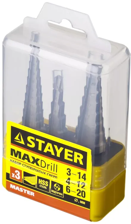 Набор STAYER "MASTER": Ступенчатые сверла по сталям и цвет.мет., сталь HSS, d=3-14мм,12ступ. d 4-12 мм 5 ступ., d 6-20мм 8ступ. 29660-3-20-H3 купить в Сургуте