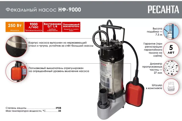 Фекальный насос Ресанта НФ-9000 77/5/1 купить в Сургуте