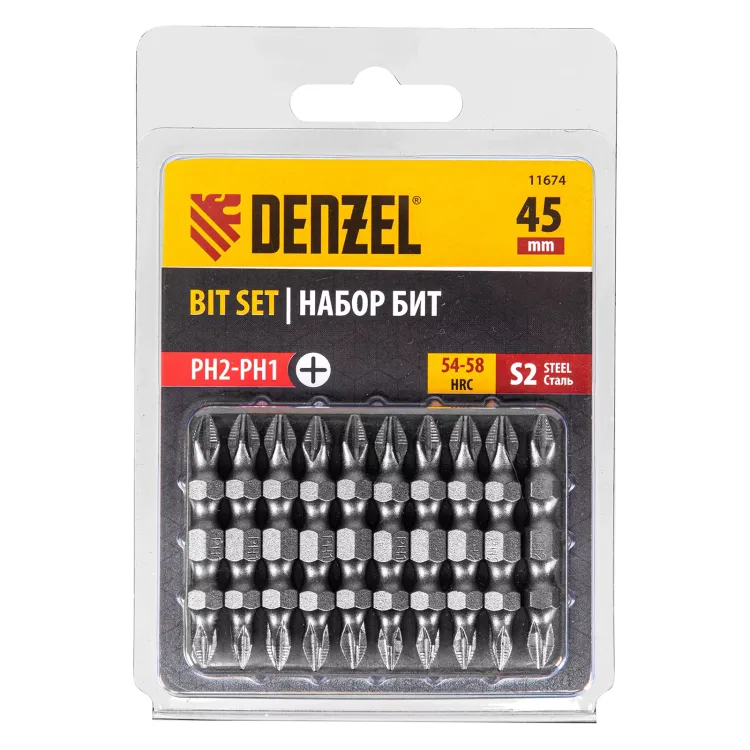 Бита двухсторонняя, PH2-PH1 х 45 мм, сталь S2, 10 шт. Denzel 11674 купить в Сургуте