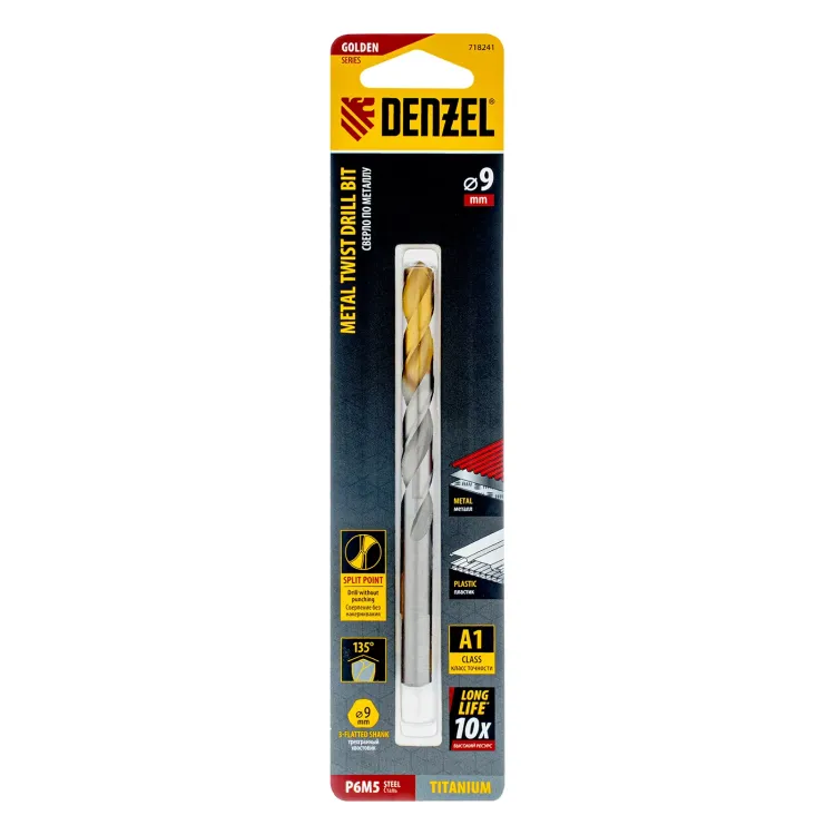 Сверло спиральное по металлу Denzel, 9 x 125 мм, Р6М5, Golden Tip, 718241 купить в Сургуте