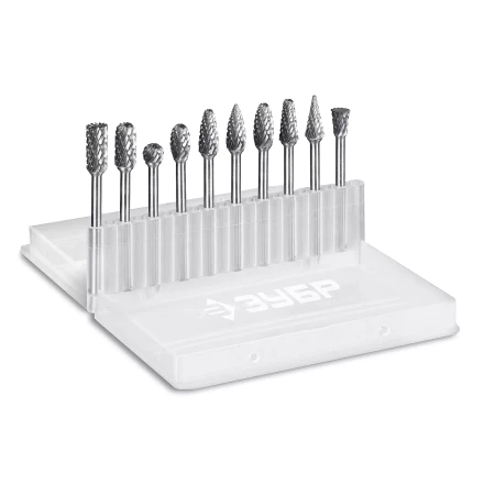 Зубр Набор твердосплавных борфрез для гравера, 10 шт.: 6 мм: B0616, C0616, D0605, E0610, F0618, G0618, H0618, L0616, M0618, N0608 (28816-H10) купить в Сургуте