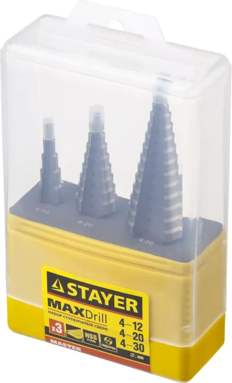 Набор STAYER "MASTER": Ступенчатые сверла по сталям и цвет.мет., сталь HSS, d=4-12мм,5 ступ. d 4-20 мм 9 ступ., d 4-30мм 14ступ. 29660-4-30-H3 купить в Сургуте
