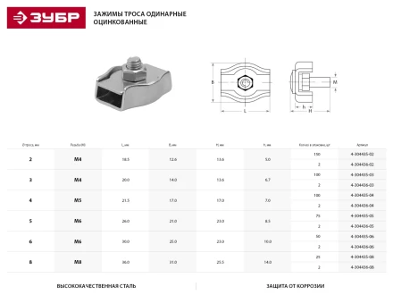 Зажим троса ЗУБР одинарный, оцинкованный, 8мм, 2 шт 4-304436-08 купить в Сургуте