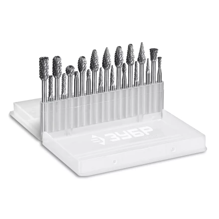 Зубр Набор твердосплавных борфрез для гравера, 20 шт.: 6 мм: B0616, C0616, D0605, E0610, F0618, G0618, H0618, L0616, M0618, N0608; 3 мм: B0314, C0314, D0303, E0306, F0313, G0314, H0313, L0313, M0311, N004 (28816-H20) купить в Сургуте