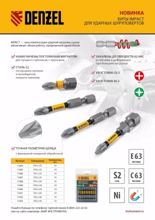Бита IMPACT, PZ2x50 мм, лазерная обработка шлица, сталь S2, 10 шт., Е 6,3 Denzel 11692 купить в Сургуте