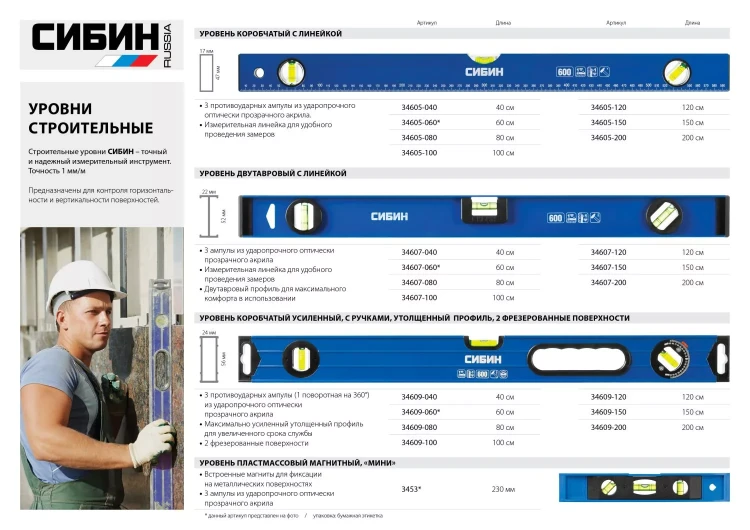 Уровень СИБИН коробчатый усиленный, утолщенный профиль, 2 фрезерованные поверхности, 3 противоударных ампулы (1 поворотная на 360 град), 4 34609-040 купить в Сургуте