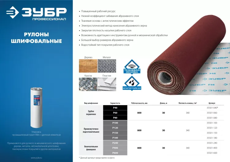 ЗУБР Р240, 800 мм, 30 м, водостойкий, шлифовальный рулон на тканевой основе, Профессионал (35501-240) купить в Сургуте