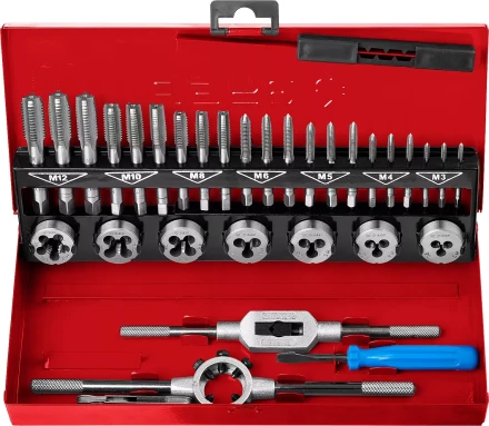 Набор ЗУБР &quot;ЭКСПЕРТ&quot; с метал.реж. инстр., метчики комплект. из 3-х штук и плашки М3-М12, оснастка-в метал.боксе, 32пред. 28129-H32 купить в Сургуте