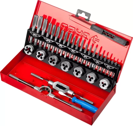 Набор ЗУБР &quot;ЭКСПЕРТ&quot; с метал.реж. инстр., метчики комплект. из 3-х штук и плашки М3-М12, оснастка-в метал.боксе, 32пред. 28129-H32 купить в Сургуте