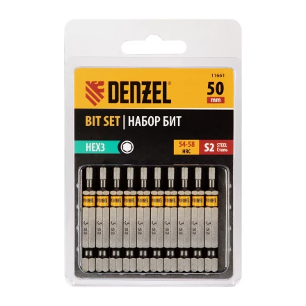 Бита HEX 3х50, сталь S2, шестигранный профиль, 10 шт. Е 6,3 Denzel 11661 купить в Сургуте