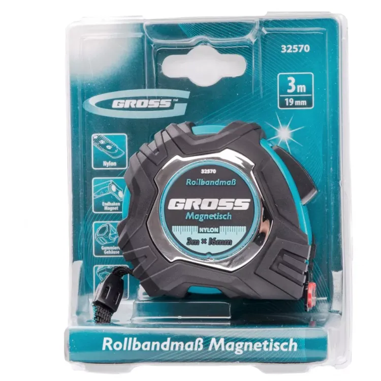 Рулетка Magnetisch 3 м х 16 мм обрезиненный корпус автоматическая фиксация Нейлоновое покрытиеытие зацеп с магнитом Gross 32570 купить в Сургуте