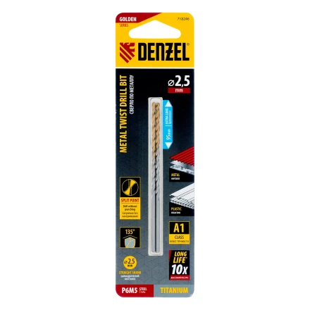 Сверло спиральное по металлу 2,5 х 95 мм Р6М5, Golden Tip, удлиненное, 2шт. Denzel 718246 купить в Сургуте
