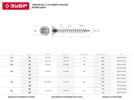 Саморезы СУ-Б универсальные, 30 x 3.0 мм, 9 000 шт, белый цинк, ЗУБР 300370-30-030 купить в Сургуте