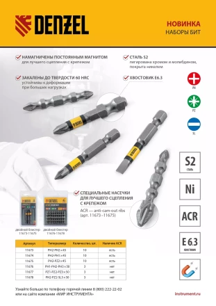 Набор бит комбинированный 3 шт., PH2, PZ2, SL5, 50 мм, сталь S2 Denzel 11678 купить в Сургуте