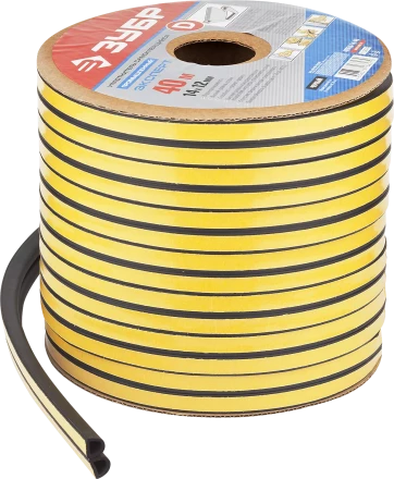 ЗУБР 40 м, D-профиль, размер 14 х 12 мм, черный, самоклеящийся промышленный резиновый уплотнитель, Профессионал (40950-14-40) купить в Сургуте