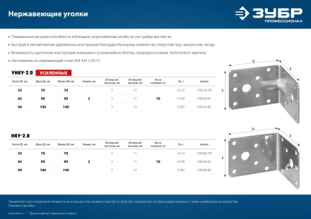 ЗУБР УНКУ-2.0, 65 x 90 x 90 x 2 мм, усиленный нержавеющий крепежный уголок, Профессионал (310516-65) купить в Сургуте