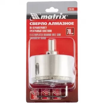 Сверло алмазное по керамограниту 70 х 67 мм 3-гранный хвостовик MATRIX 726703 купить в Сургуте