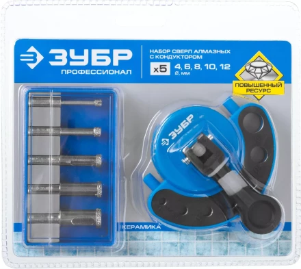Набор ЗУБР &quot;ПРОФЕССИОНАЛ&quot;: Алмазные трубчатые сверла по керамике с кондуктором, гальваника, зерно 60, d=4/6/8/10/12мм, 6шт 29851-H6 купить в Сургуте