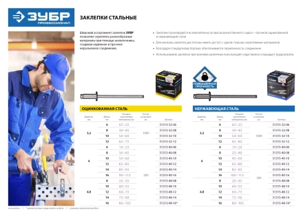 Заклепки ЗУБР стальные, 4,8x8мм, 500шт 31313-48-08 купить в Сургуте