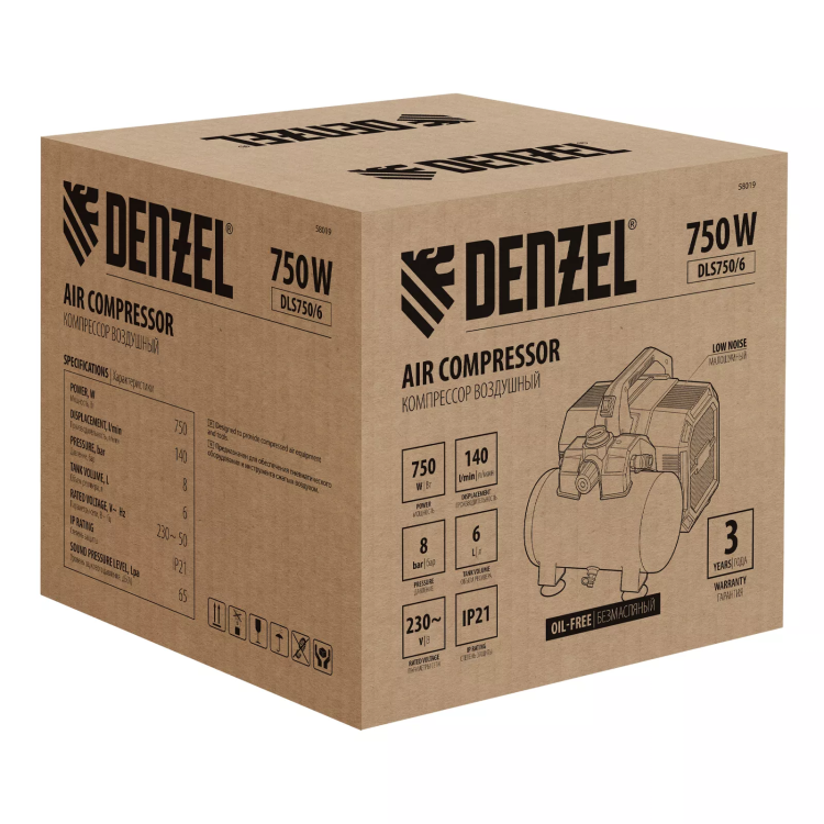 Компрессор Denzel DLS750/6 58019 безмасляный малошумный 750 Вт, 140 л/мин,ресивер 6 л купить в Сургуте